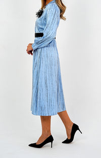 Elegant Pleated Midi Wrap Blue Dress with Statement Belt