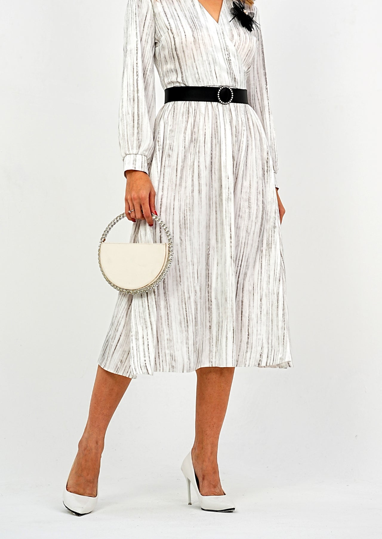 Elegant Pleated Midi Wrap Dress with Statement Belt