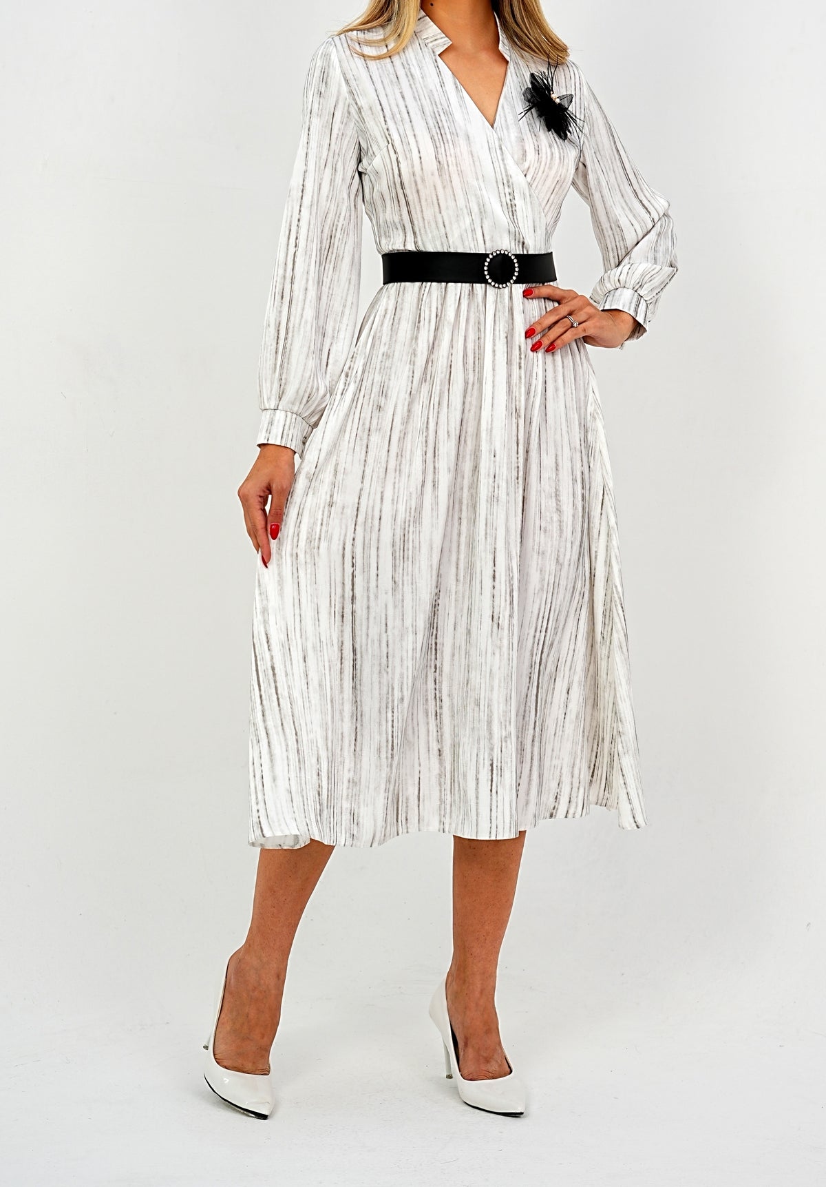 Elegant Pleated Midi Wrap Dress with Statement Belt