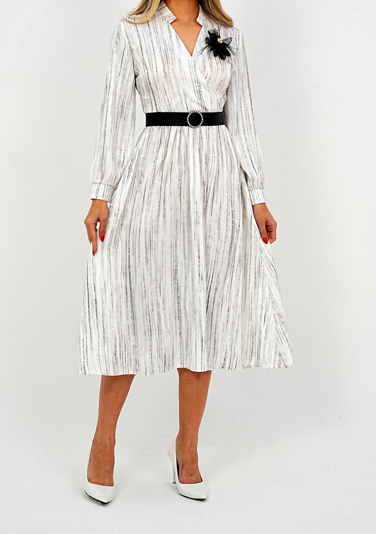 Elegant Pleated Midi Wrap Dress with Statement Belt