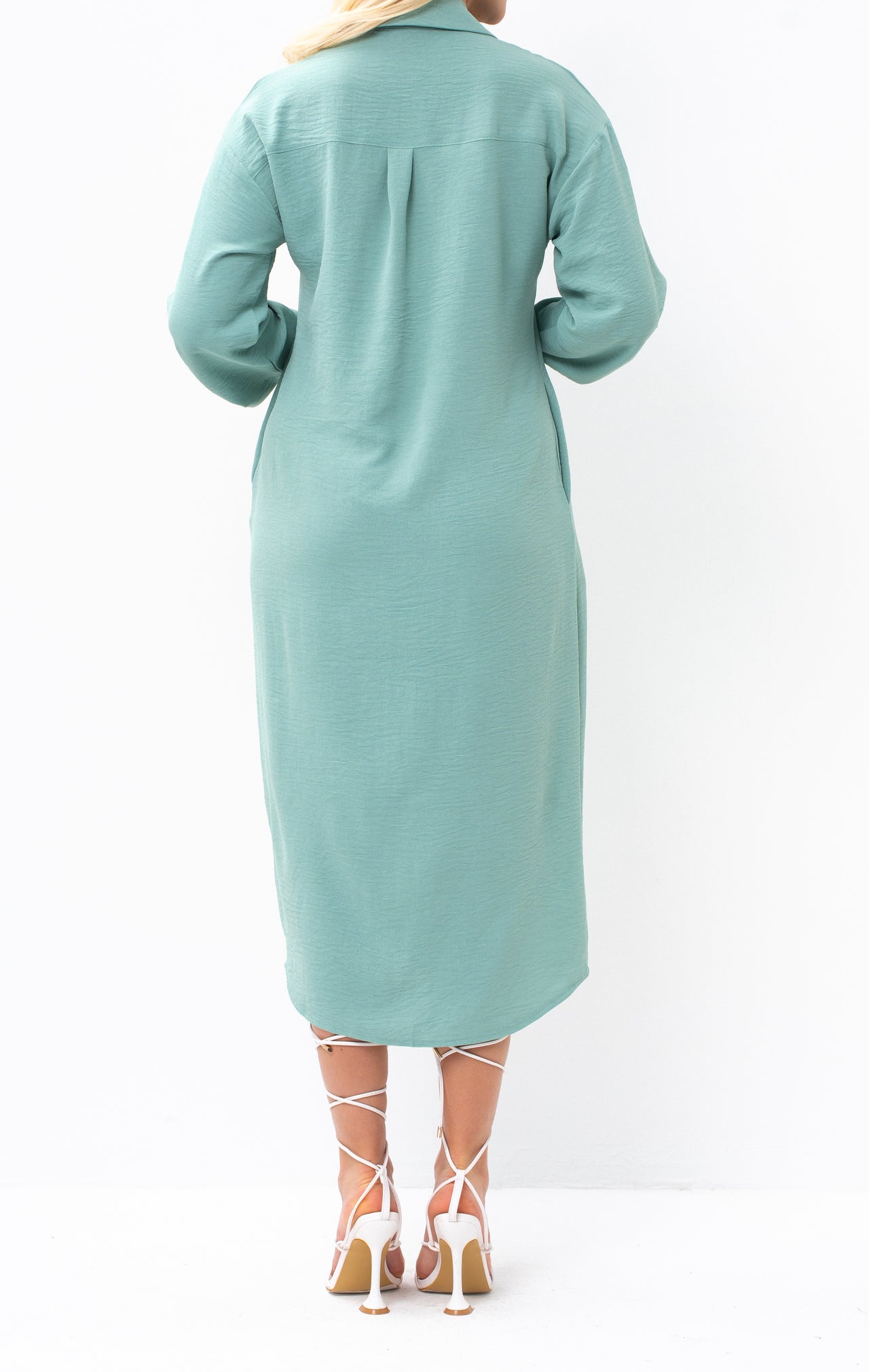 Casual Sophistication Long-Sleeve Utility Teal Blue Shirt Dress