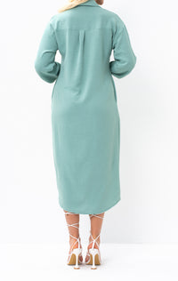 Casual Sophistication Long-Sleeve Utility Teal Blue Shirt Dress