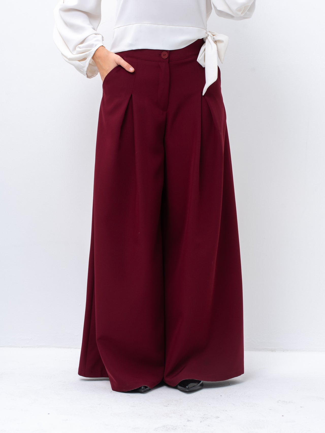 Sophisticated Palazzo Burgundy Pants with Front Pleat Detail