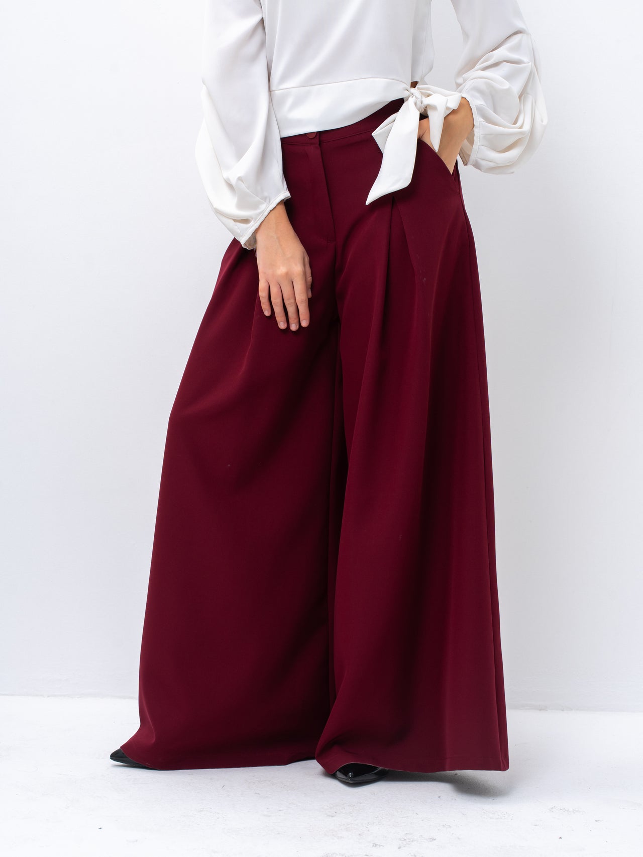 Sophisticated Palazzo Burgundy Pants with Front Pleat Detail