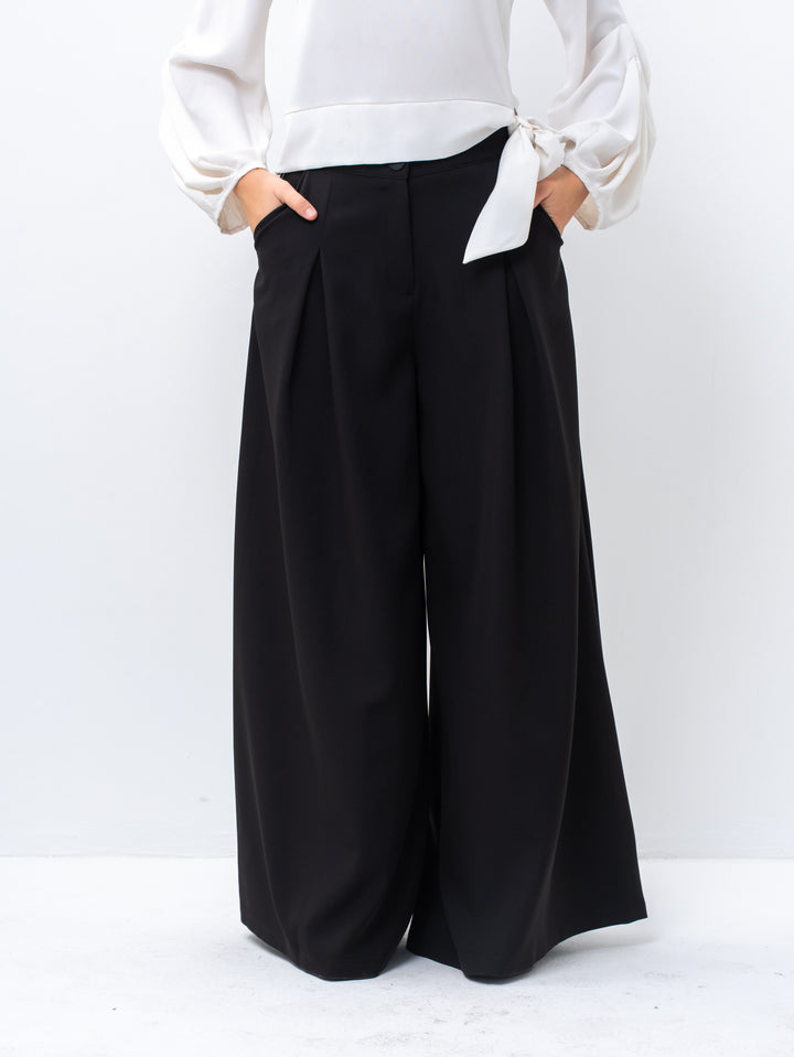 Sophisticated Palazzo Black Pants with Front Pleat Detail