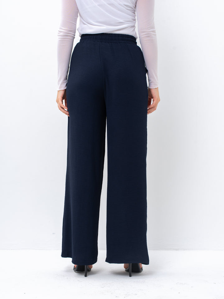 Effortless Navy High-Waisted Wide Leg Trousers with Drawstring