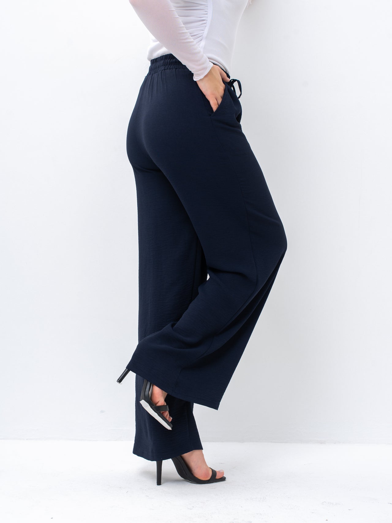 Effortless Navy High-Waisted Wide Leg Trousers with Drawstring