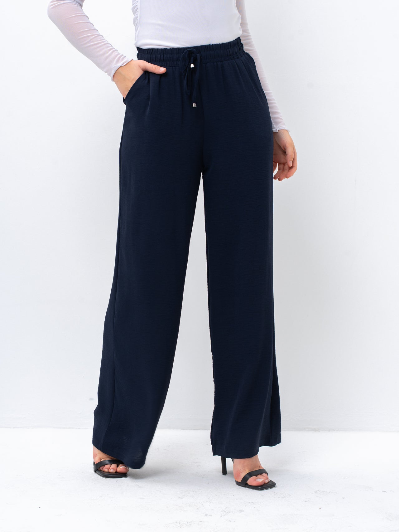 Effortless Navy High-Waisted Wide Leg Trousers with Drawstring