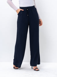 Effortless Navy High-Waisted Wide Leg Trousers with Drawstring