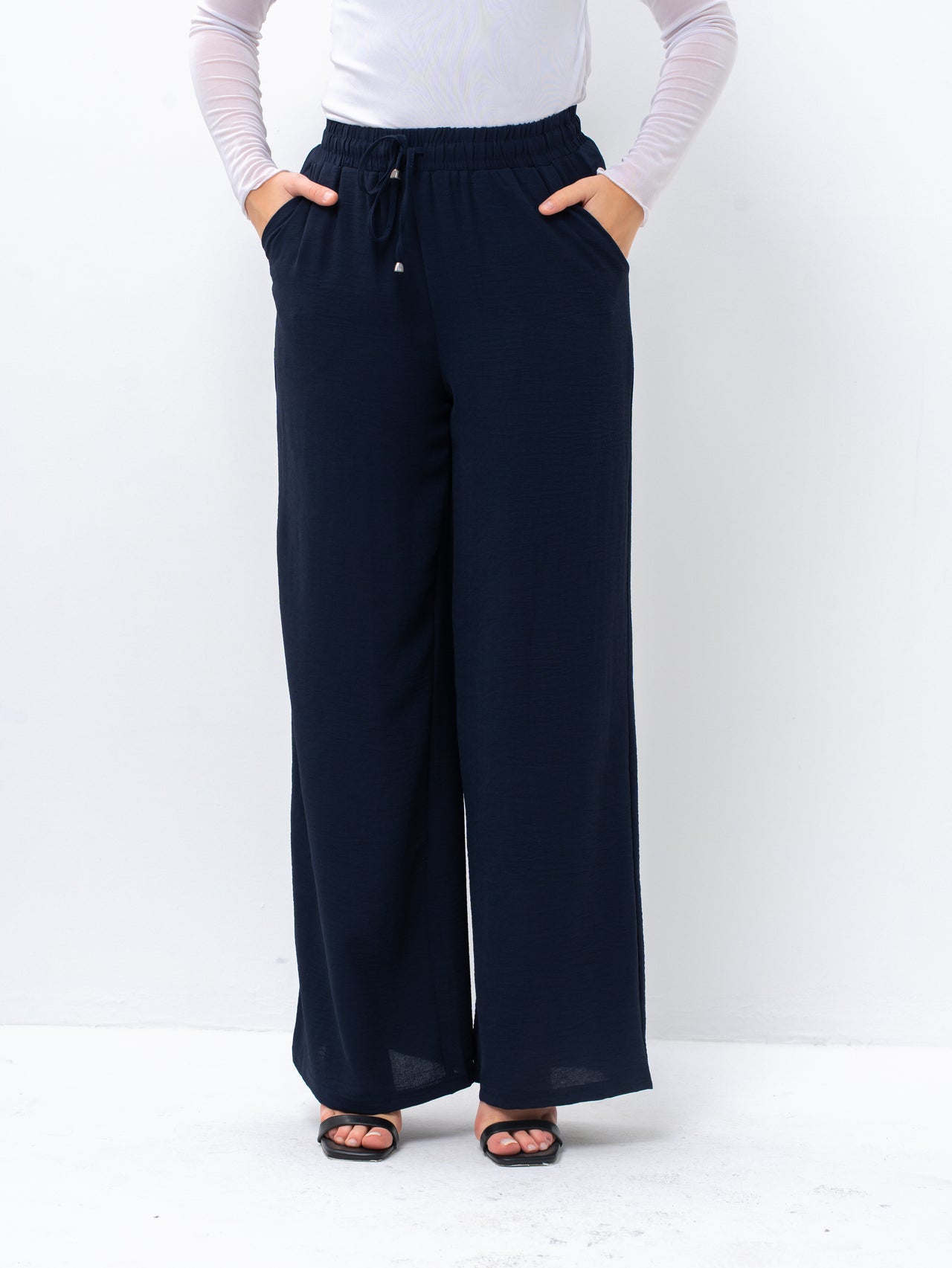 Effortless Navy High-Waisted Wide Leg Trousers with Drawstring