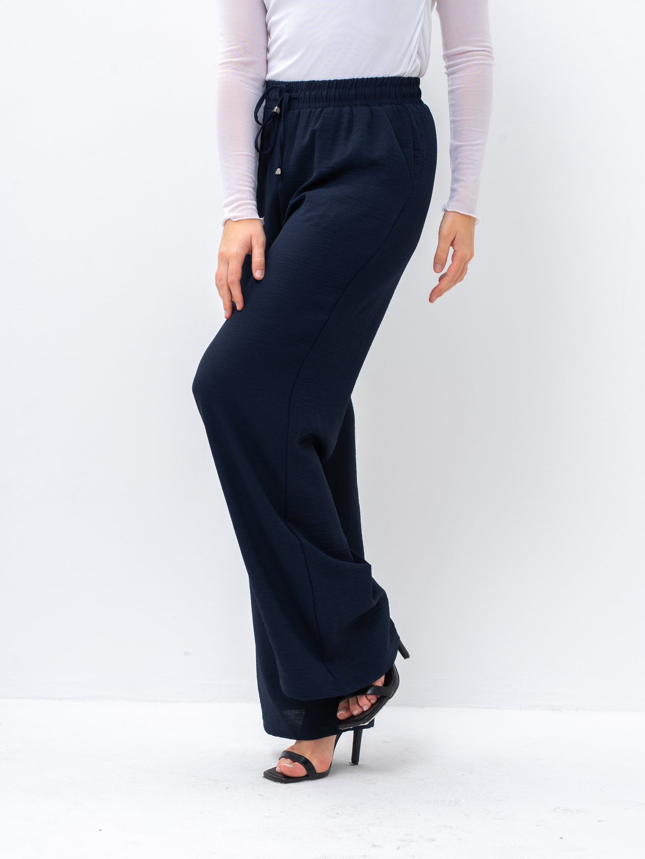 Effortless Navy High-Waisted Wide Leg Trousers with Drawstring