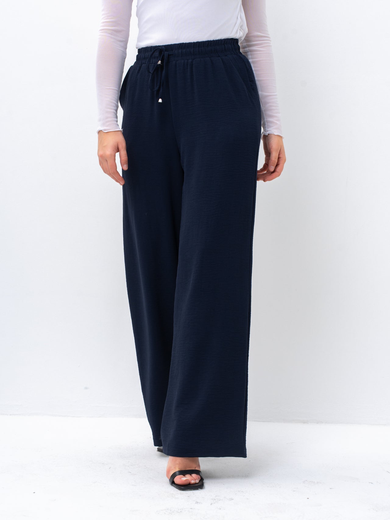 Effortless Navy High-Waisted Wide Leg Trousers with Drawstring