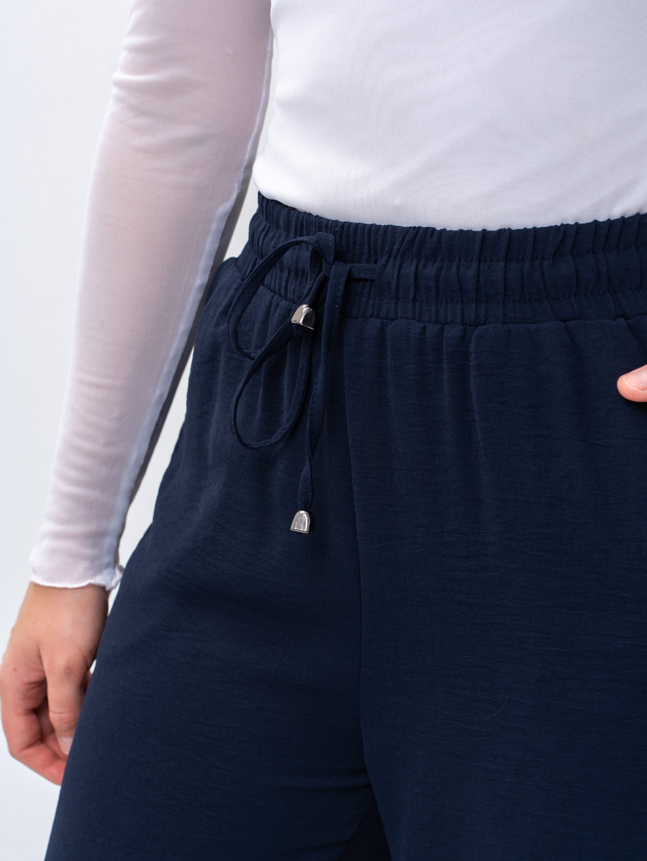 Effortless Navy High-Waisted Wide Leg Trousers with Drawstring