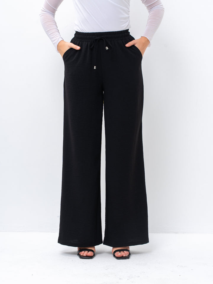 Effortless Black High-Waisted Wide Leg Trousers with Drawstring