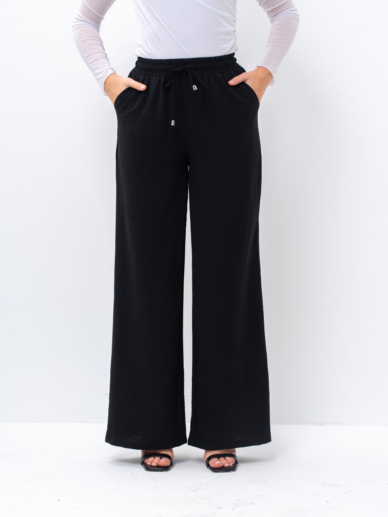 Effortless Black High-Waisted Wide Leg Trousers with Drawstring