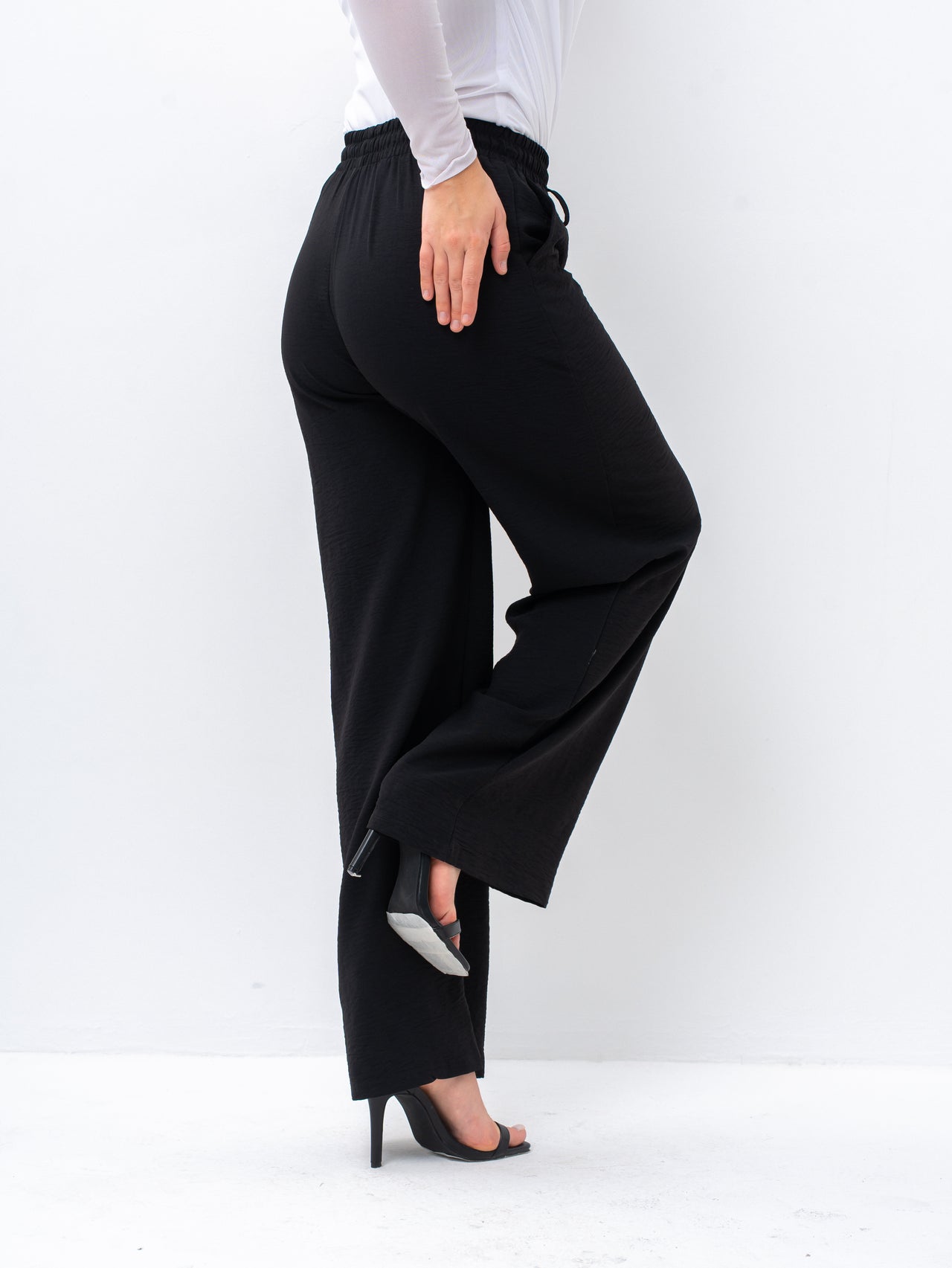 Effortless Black High-Waisted Wide Leg Trousers with Drawstring
