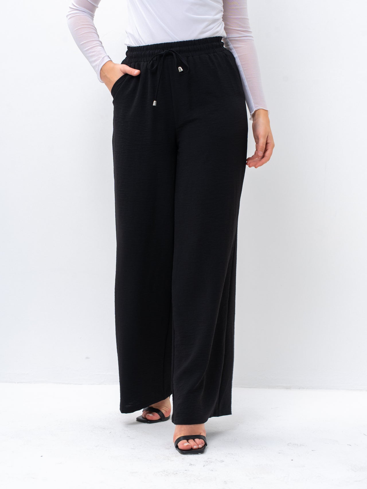 Effortless Black High-Waisted Wide Leg Trousers with Drawstring