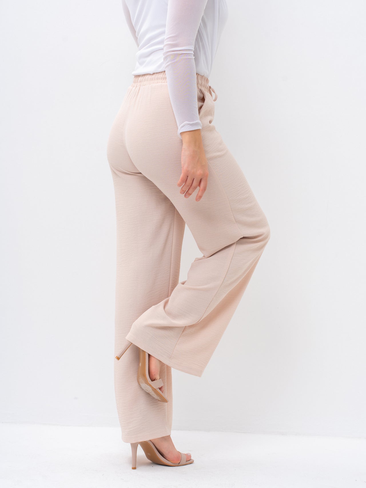 Effortless Beige High-Waisted Wide Leg Trousers with Drawstring