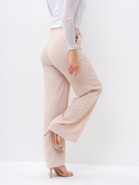 Effortless Beige High-Waisted Wide Leg Trousers with Drawstring