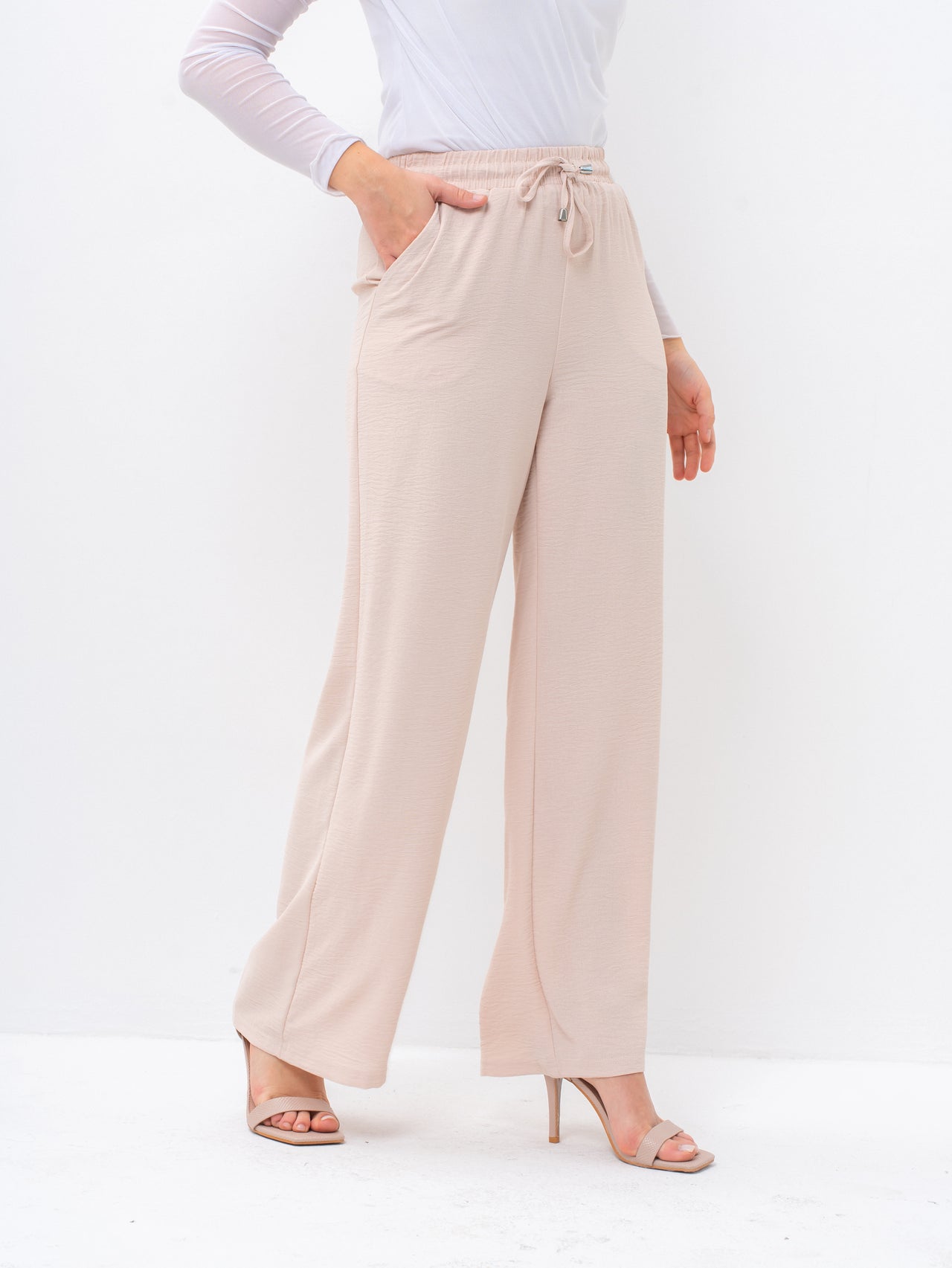 Effortless Beige High-Waisted Wide Leg Trousers with Drawstring