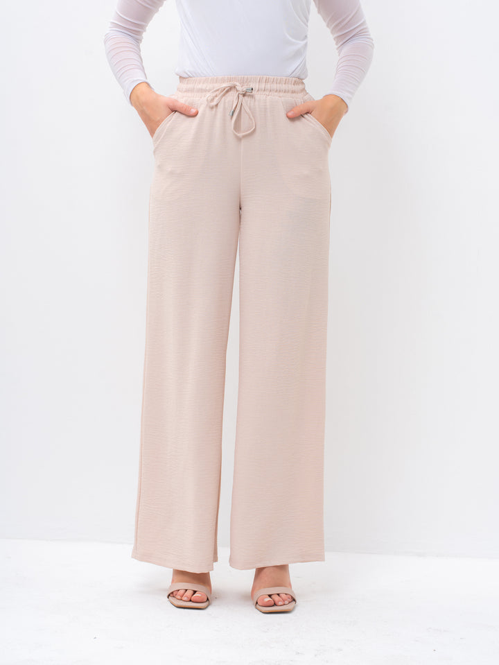 Effortless Beige High-Waisted Wide Leg Trousers with Drawstring