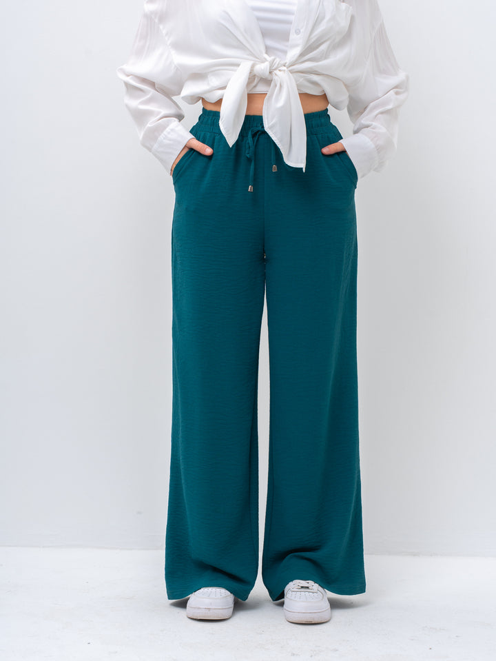 Effortless Green High-Waisted Wide Leg Trousers with Drawstring