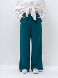 Effortless Green High-Waisted Wide Leg Trousers with Drawstring