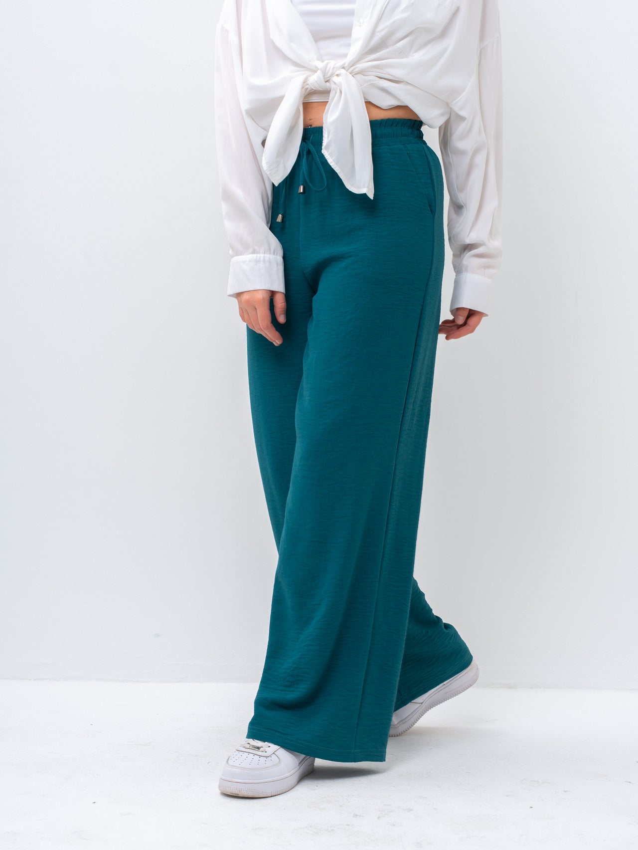 Effortless Green High-Waisted Wide Leg Trousers with Drawstring