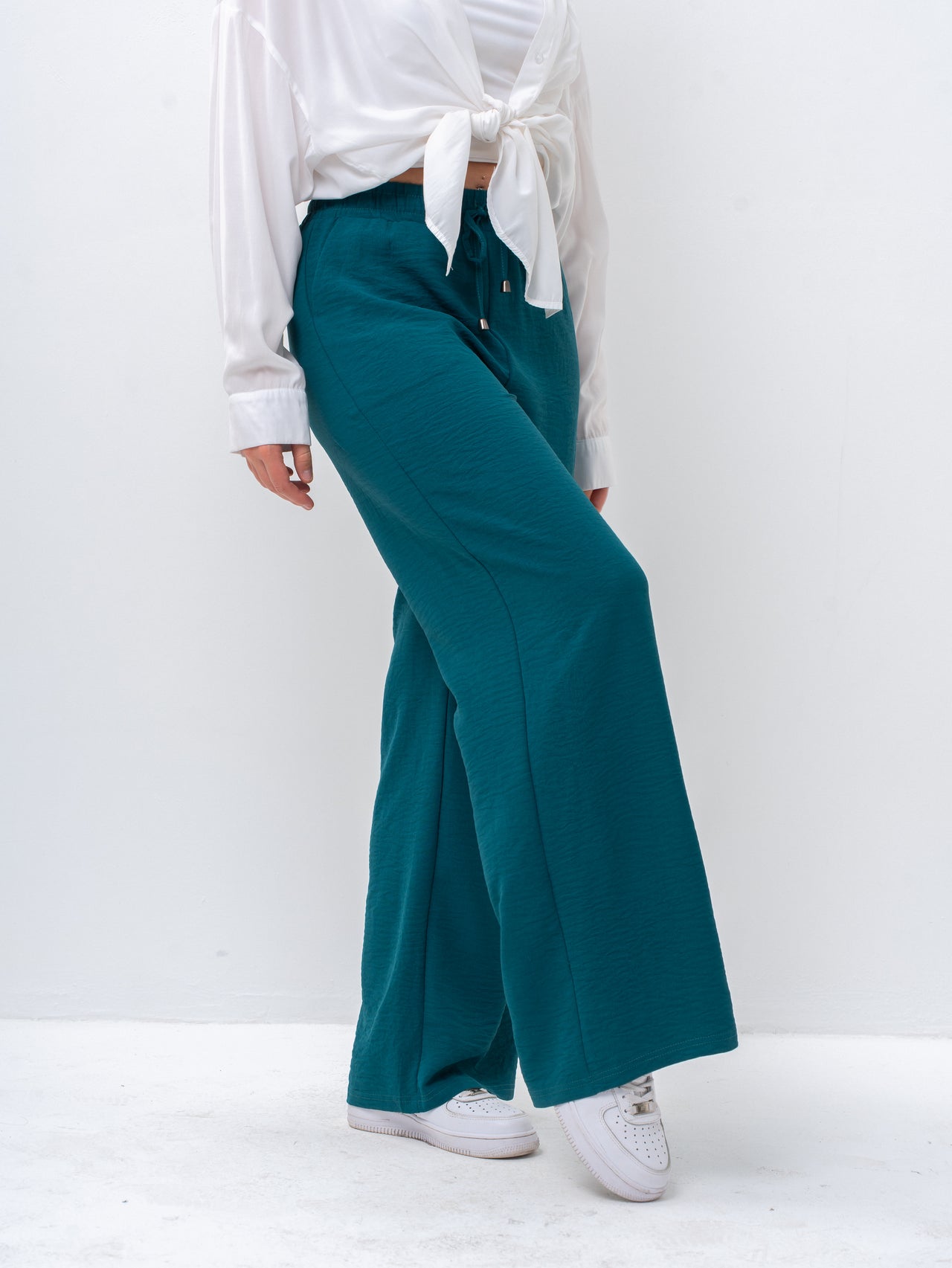 Effortless Green High-Waisted Wide Leg Trousers with Drawstring
