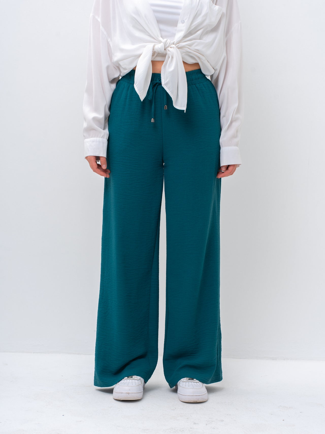 Effortless Green High-Waisted Wide Leg Trousers with Drawstring
