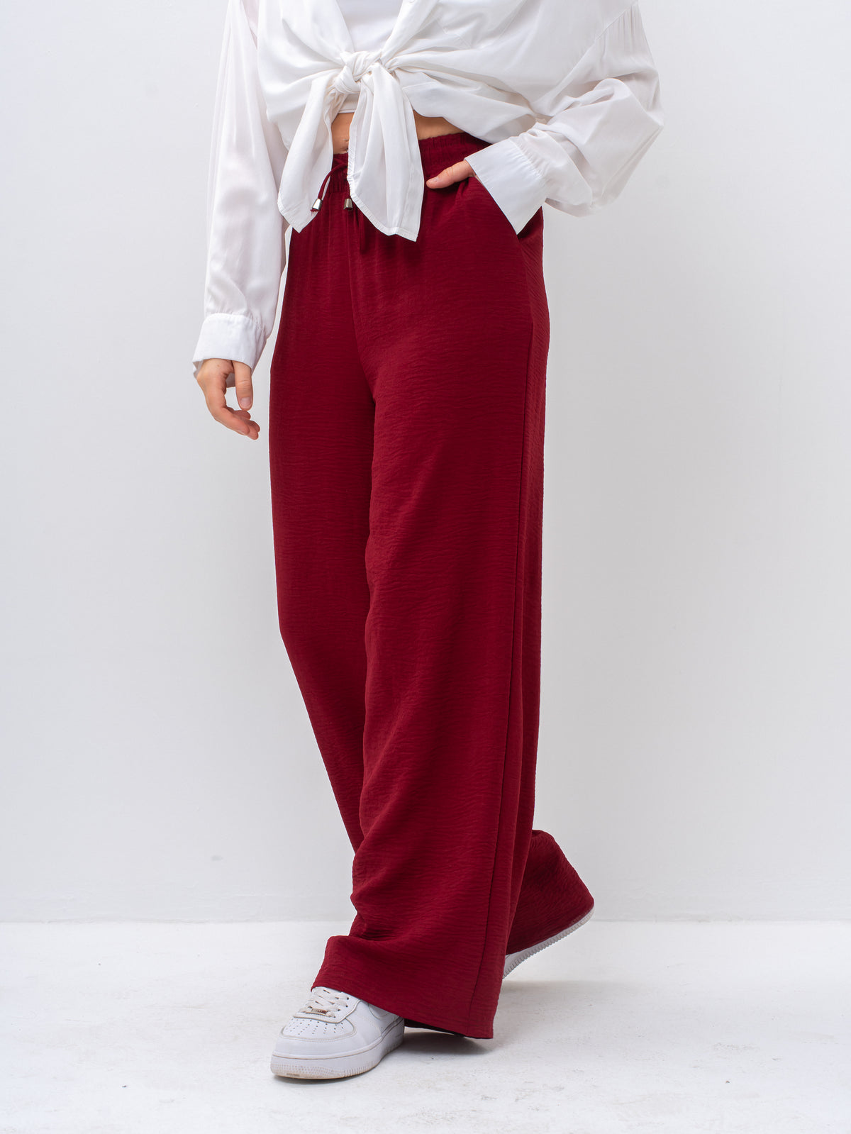 Effortless Burgundy High-Waisted Wide Leg Trousers with Drawstring