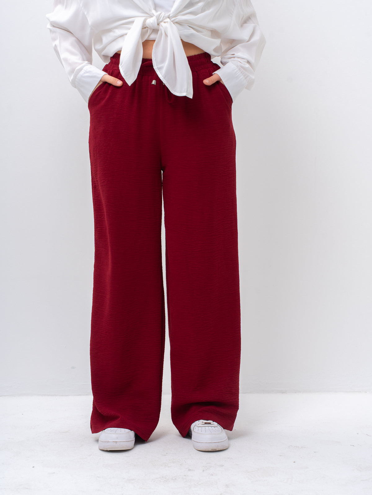 Effortless Burgundy High-Waisted Wide Leg Trousers with Drawstring