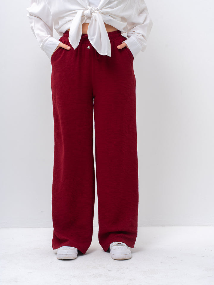 Effortless Burgundy High-Waisted Wide Leg Trousers with Drawstring