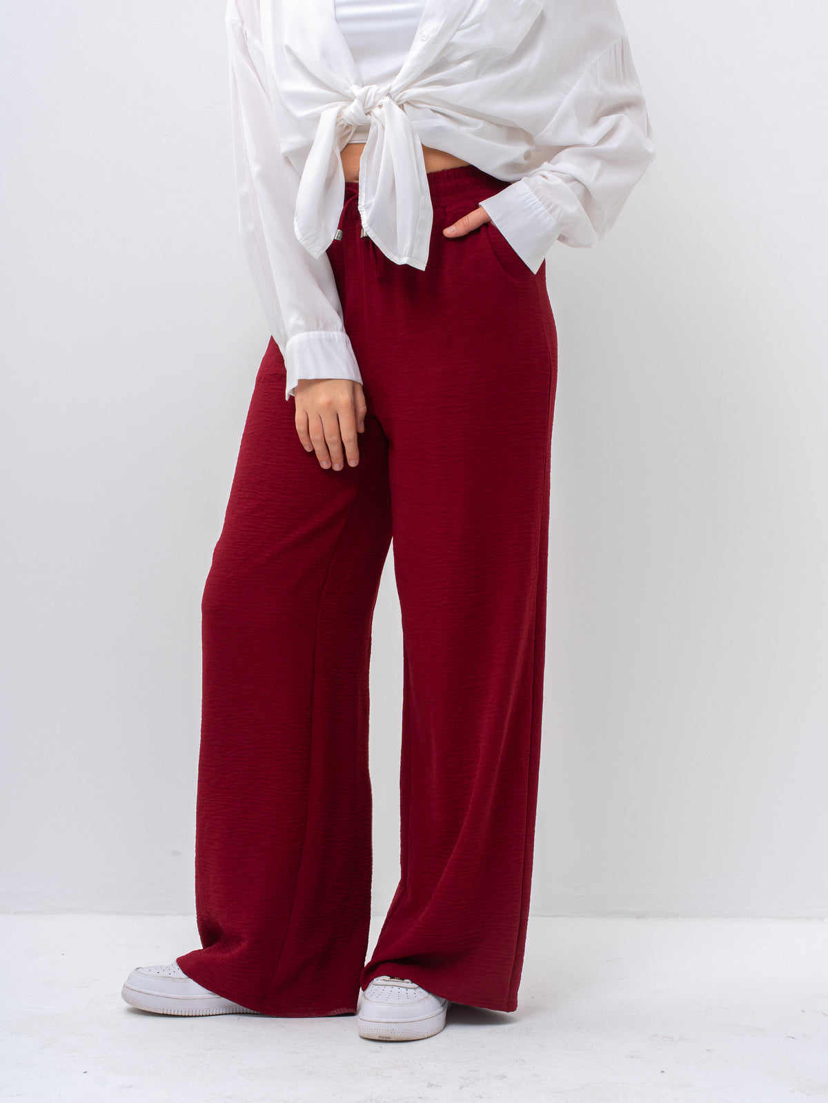 Effortless Burgundy High-Waisted Wide Leg Trousers with Drawstring