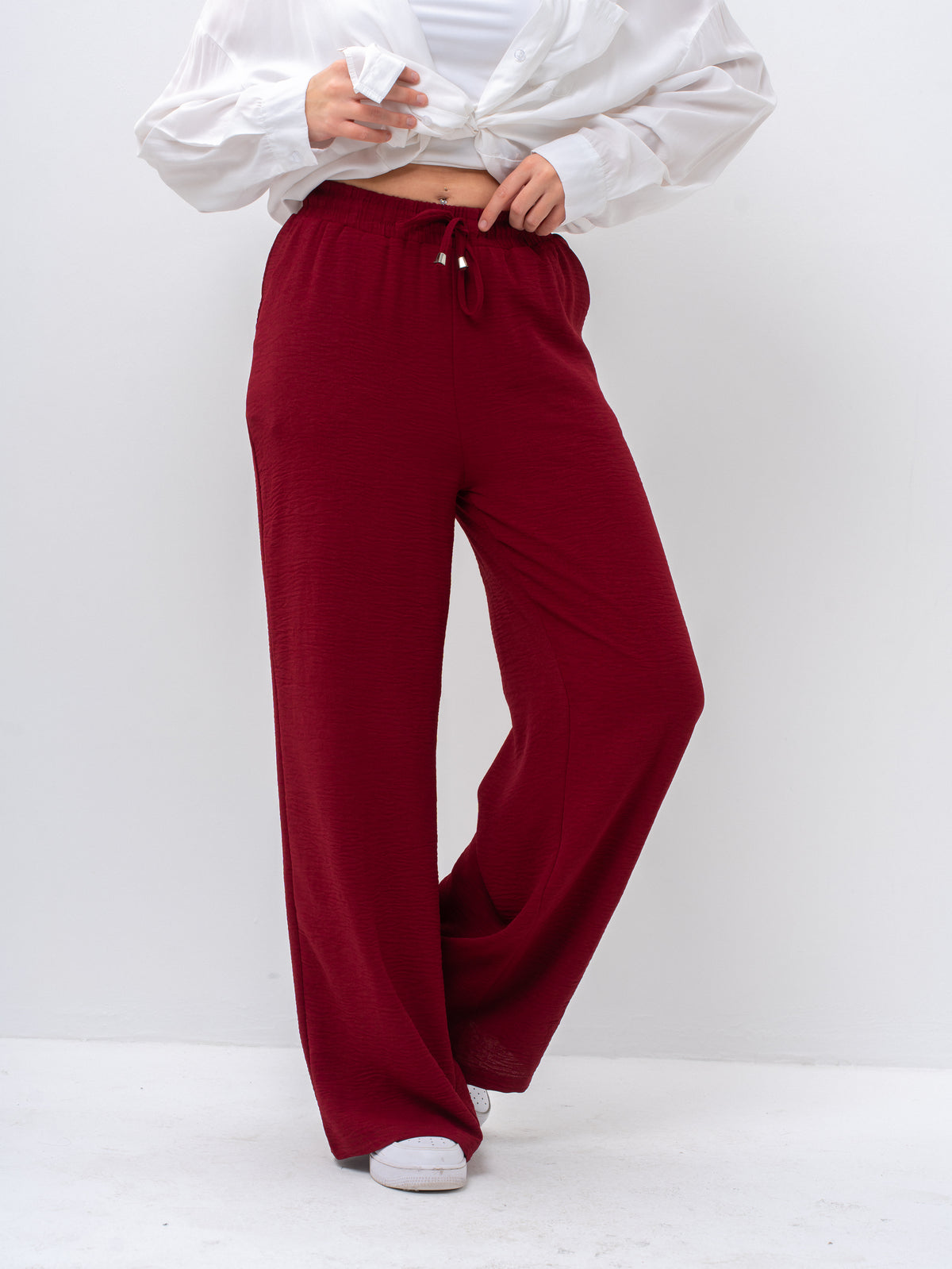 Effortless Burgundy High-Waisted Wide Leg Trousers with Drawstring