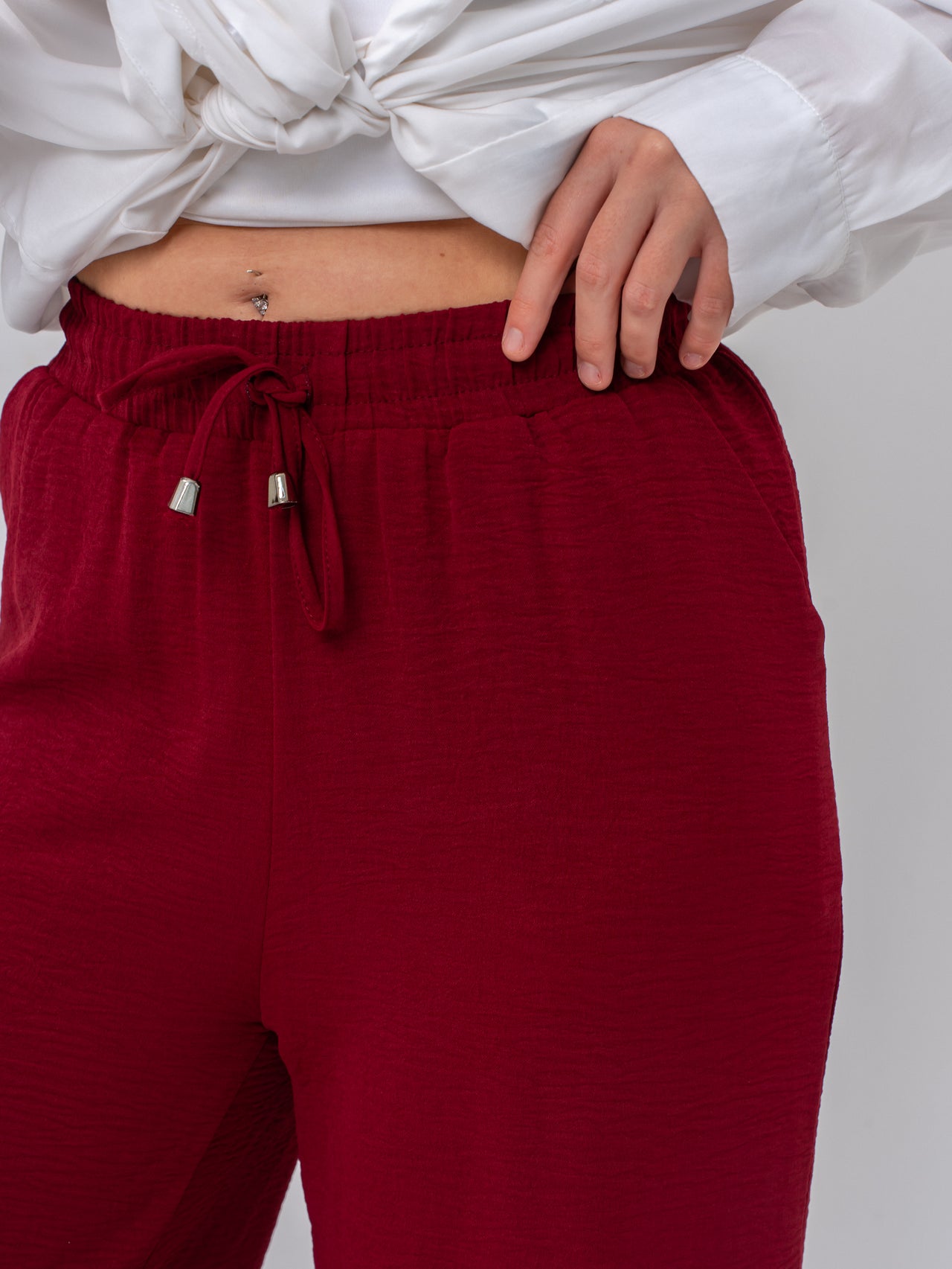 Effortless Burgundy High-Waisted Wide Leg Trousers with Drawstring
