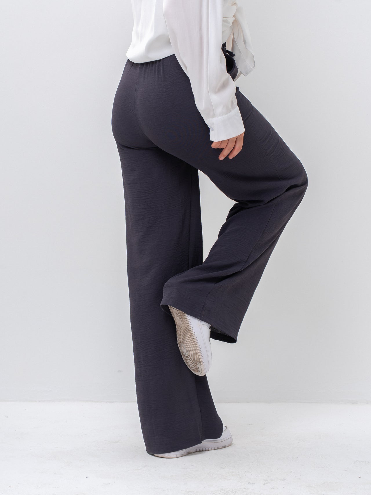 Effortless Dark Gray High-Waisted Wide Leg Trousers with Drawstring
