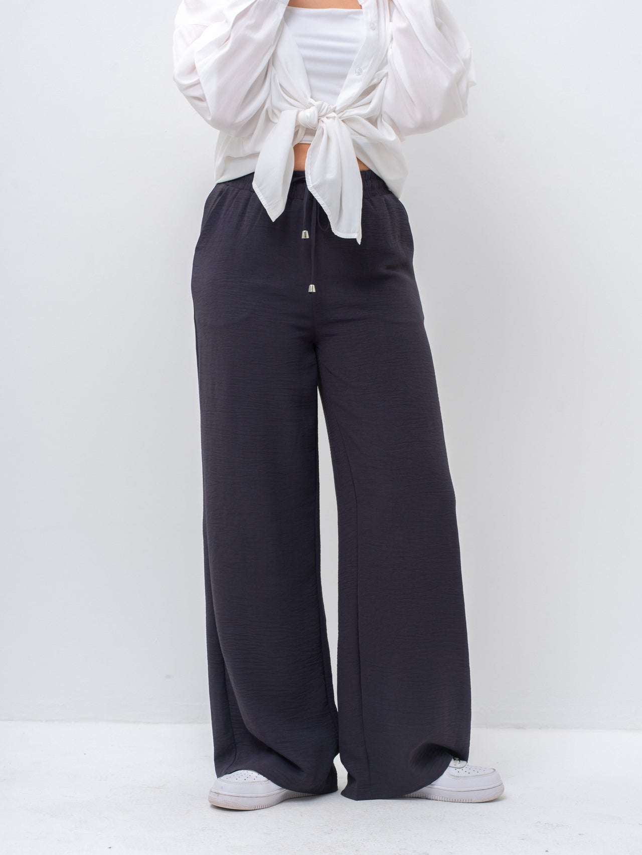 Effortless Dark Gray High-Waisted Wide Leg Trousers with Drawstring