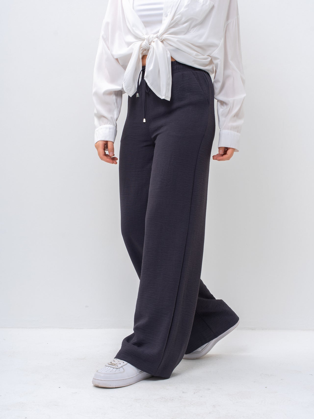 Effortless Dark Gray High-Waisted Wide Leg Trousers with Drawstring