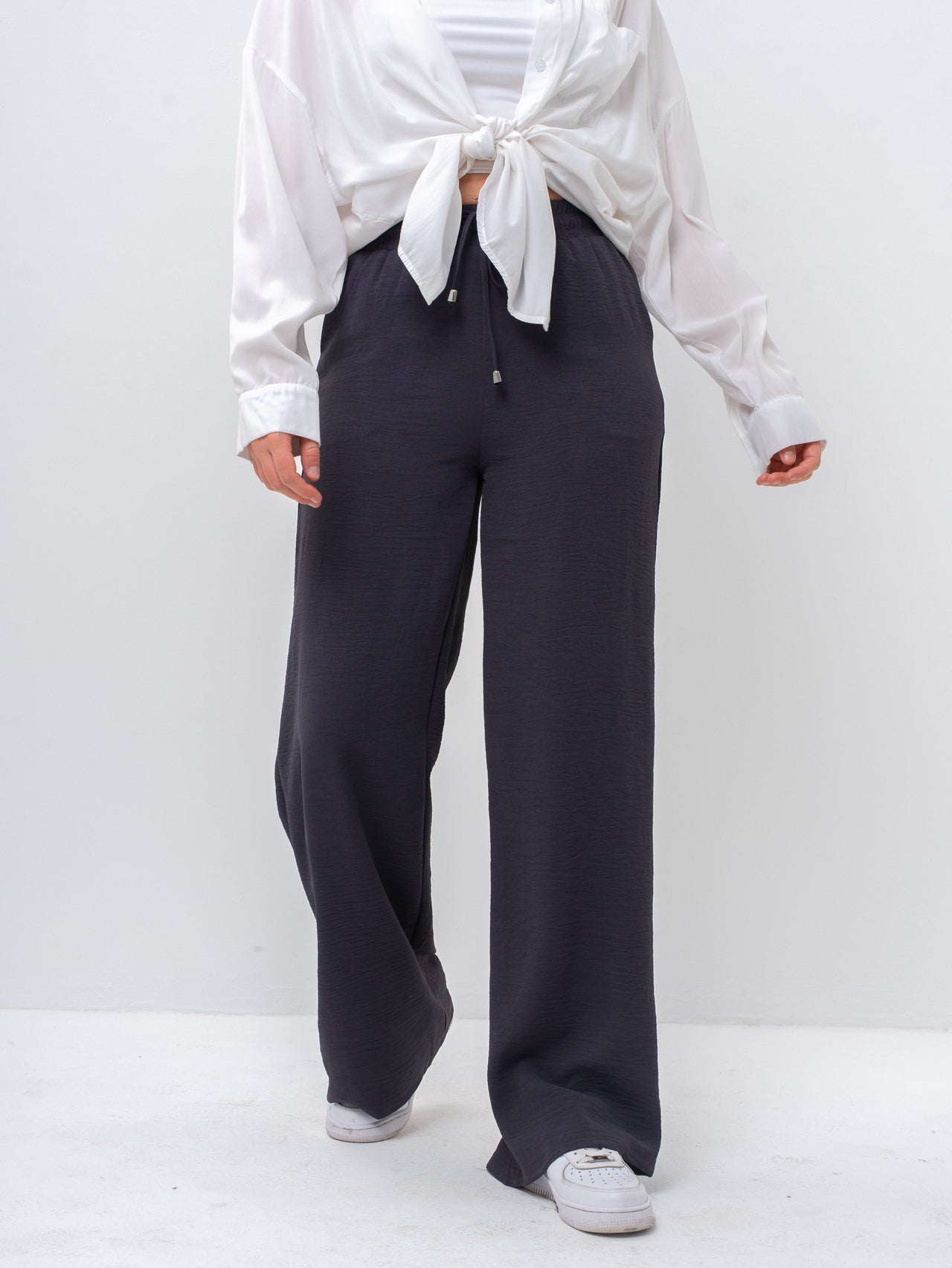 Effortless Dark Gray High-Waisted Wide Leg Trousers with Drawstring
