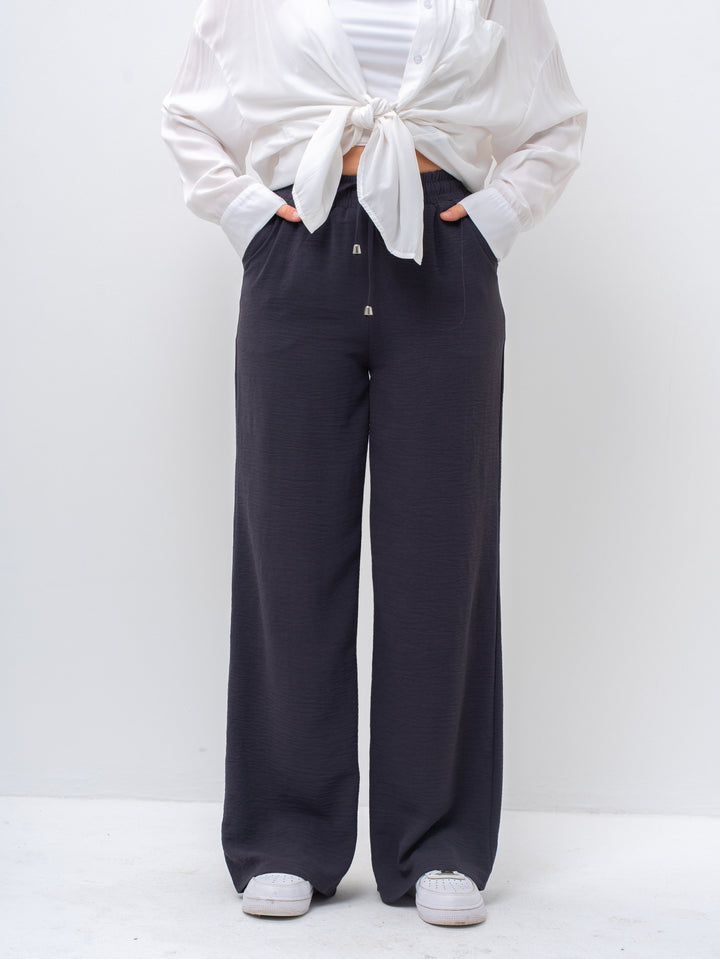 Effortless Dark Gray High-Waisted Wide Leg Trousers with Drawstring