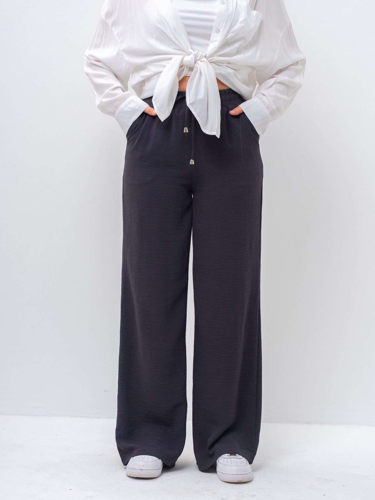 Effortless Dark Gray High-Waisted Wide Leg Trousers with Drawstring