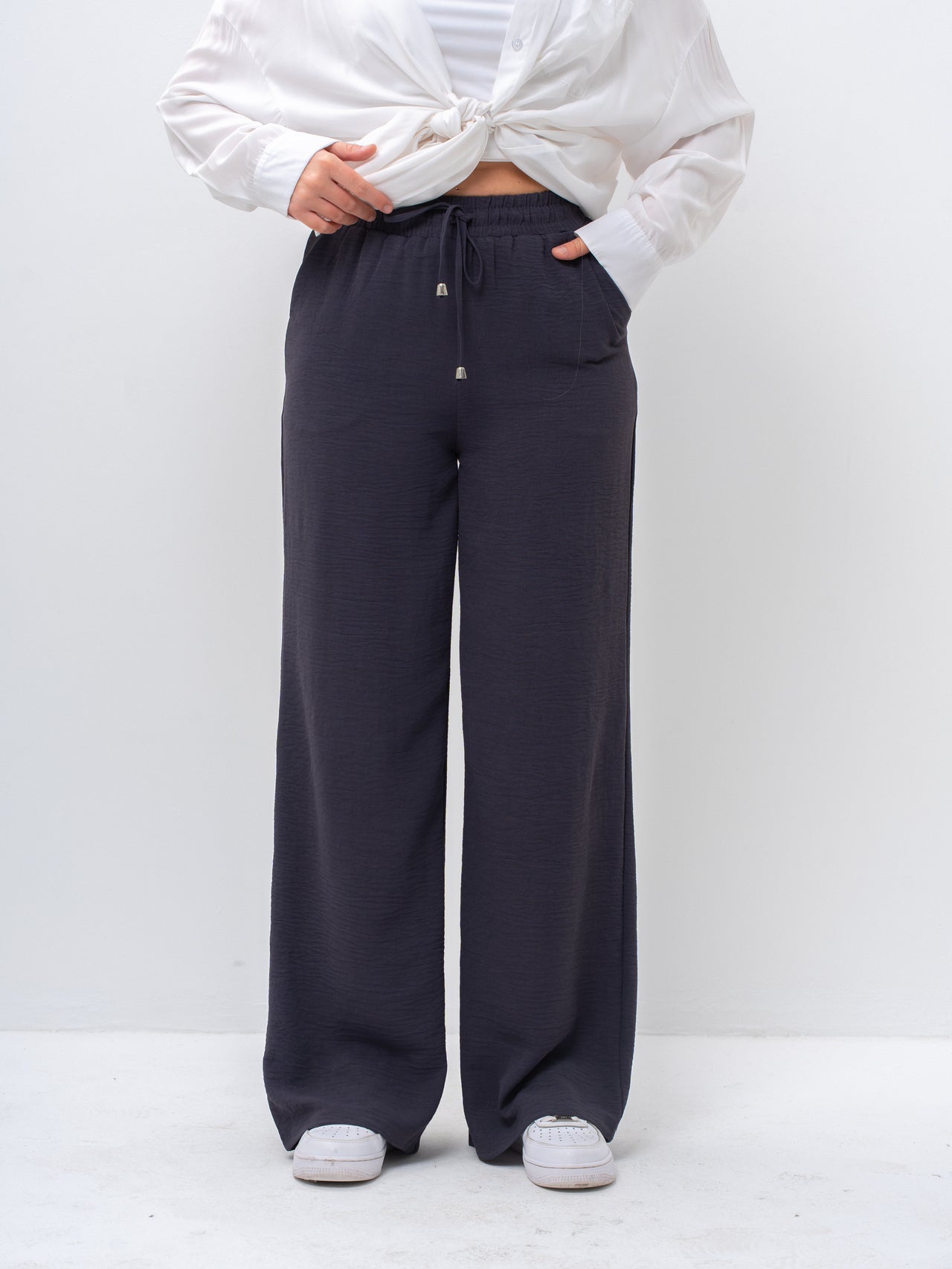 Effortless Dark Gray High-Waisted Wide Leg Trousers with Drawstring
