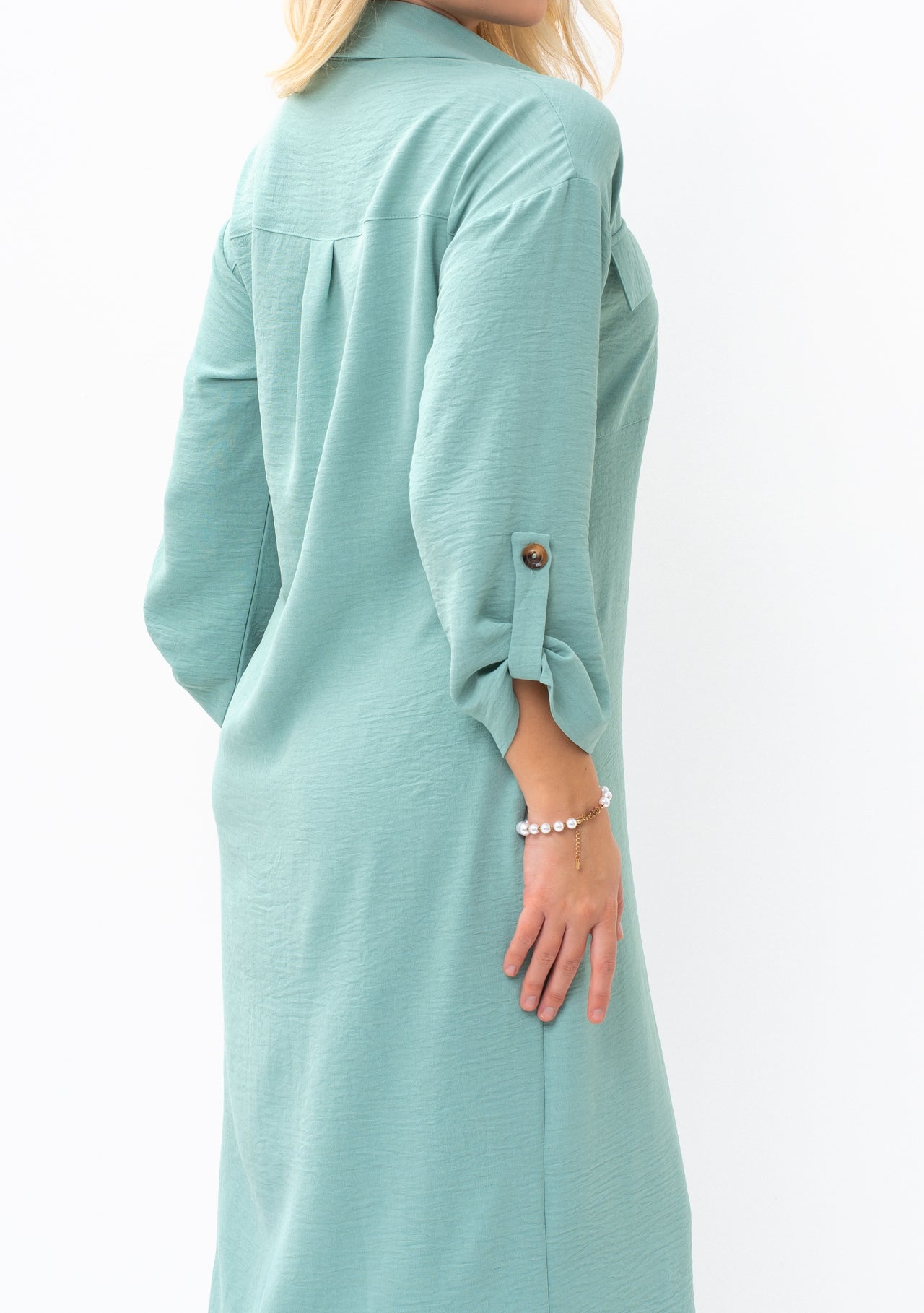 Casual Sophistication Long-Sleeve Utility Teal Blue Shirt Dress