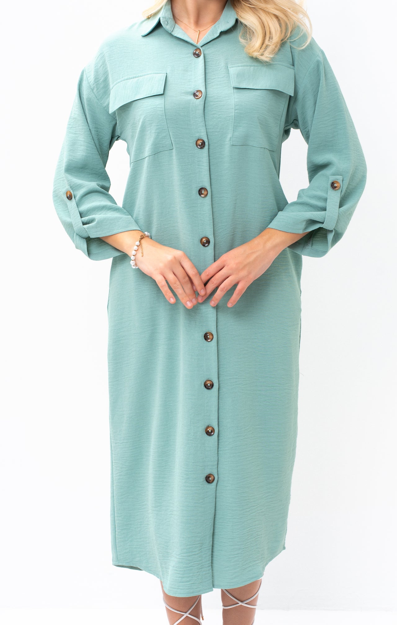 Casual Sophistication Long-Sleeve Utility Teal Blue Shirt Dress