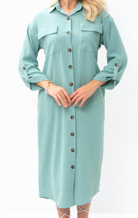 Casual Sophistication Long-Sleeve Utility Teal Blue Shirt Dress