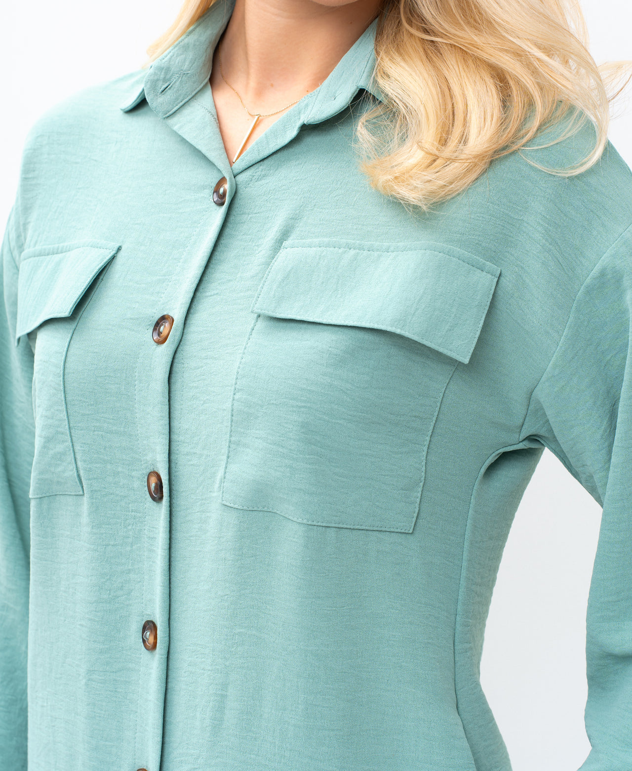 Casual Sophistication Long-Sleeve Utility Teal Blue Shirt Dress