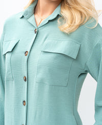 Casual Sophistication Long-Sleeve Utility Teal Blue Shirt Dress