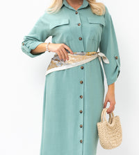 Casual Sophistication Long-Sleeve Utility Teal Blue Shirt Dress