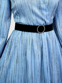 Elegant Pleated Midi Wrap Blue Dress with Statement Belt